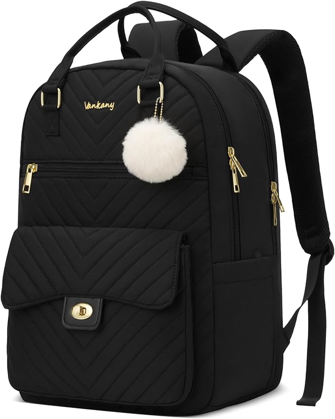 Women Laptop Backpack 17.3in for Work College, Cute School Bag Bookbag for Teen Girls Big Students Middle High School, Black