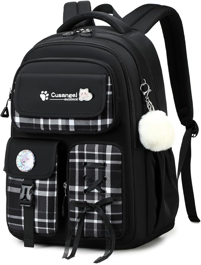 Cusangel Teen Girls Backpack for School, 18 inch Black Cute Daily BookBag, Large Capacity Waterproof Laptop Daypack