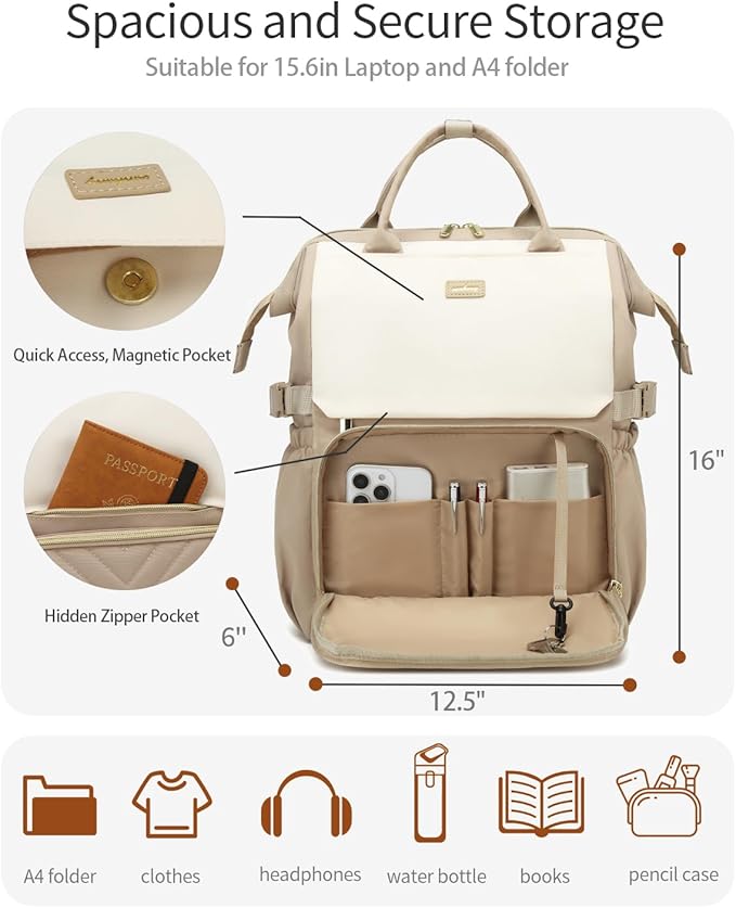 Laptop Backpack for Women, College Bookbag School Backpack for High School Teen Girls, Work Bags with Cup Holder & USB Charger for Teacher Nurse Travel, Beige Khaki