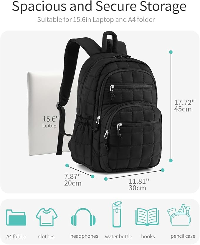 Bookbag for Women, Teen Girls Backpack for High School College Student, Puffer Quilted Back Pack Cute Laptop Backpack for Work Travel Mom Casual Daypack, Black