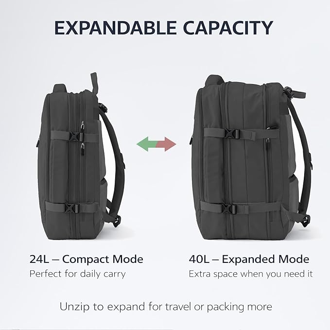 Travel Backpack, Expandable Large Capacity Business Work, Water Repellent Carry On Daypack with USB Charging Port, Fit 17 Inch Laptop, Bag for Men and Women, Black