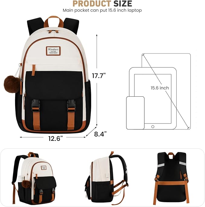 School Backpack for Teen Girls, Cute College Backpacks for Women Students Aesthetic Bookbag Large 15.6 Inch Laptop Bag Middle School Travel Back Pack (Beige-Black-Brown)