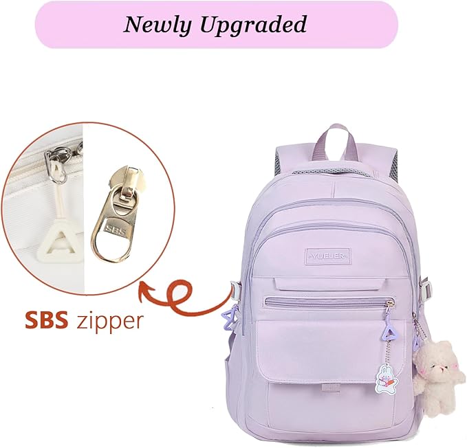 Girls Backpack for College High Middle School Student, Cute Aesthetic Bookbag for Teens Women with Accessories，Purple