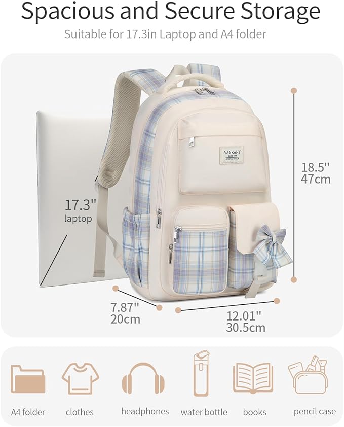 Schoolbag for Teen Girls, Cute Book Bag Backpack with 17.3in Laptop Compartment for Big Student Women College Mochilas Escolares para Niñas (Beige)