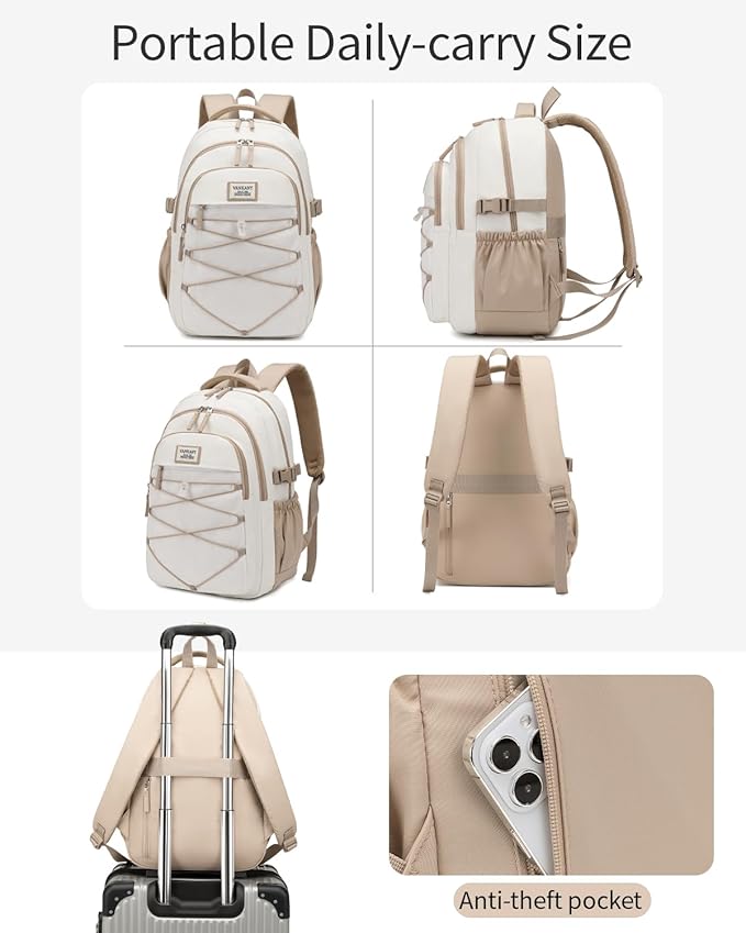 Teen Backpack for Girls, Women Bookbag for College Students Middle High School, Aesthetic Schoolbag Back Pack, White Khaki