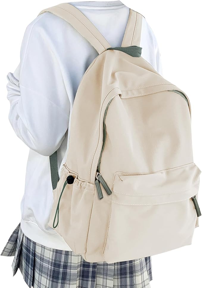 Cute School Backpack For Girls Boys Casual College Laptop Backpack Water Resistant High School Book Bag Lightweight Simple Daypack (Beige with Green)