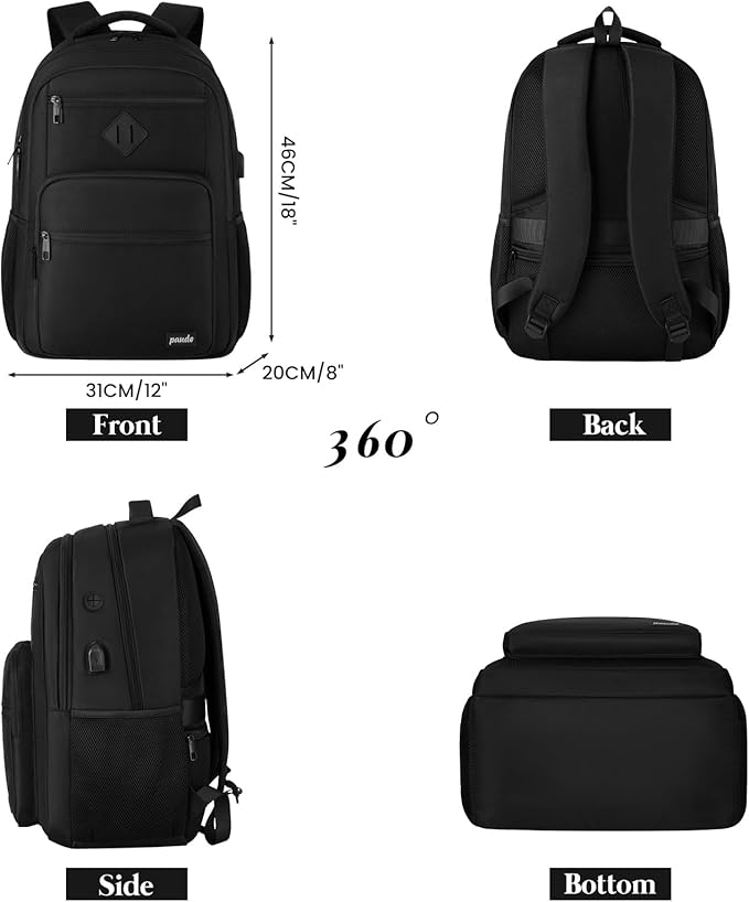 Paude Black Backpack,School Backpack for Teens Adults Laptop Bookbag for High School College Students Back Pack for Work