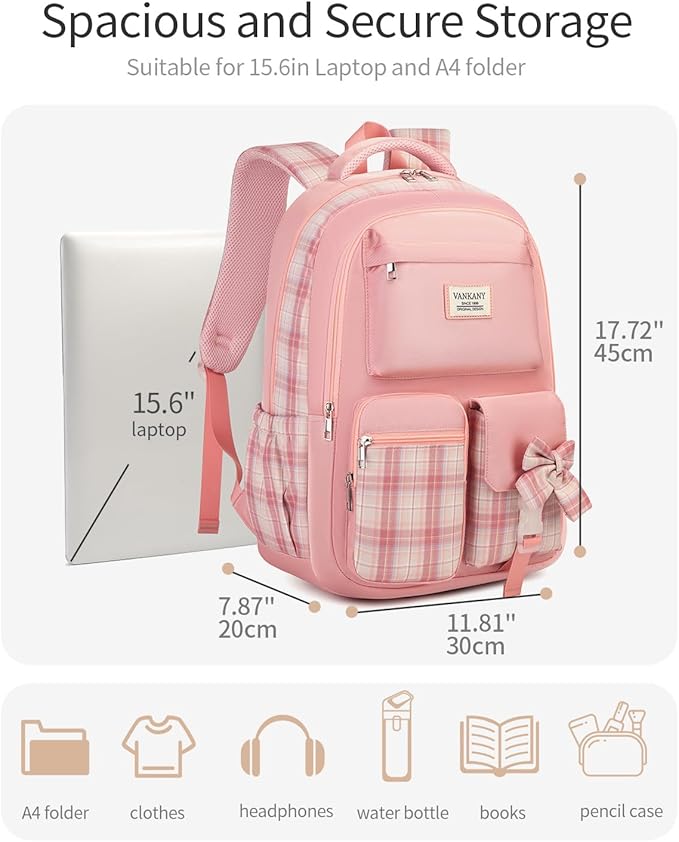 School Backpack for Girls, Cute Bookbag with Laptop Compartment for Teens College Student Mochilas Escolares para Niñas (Pink)