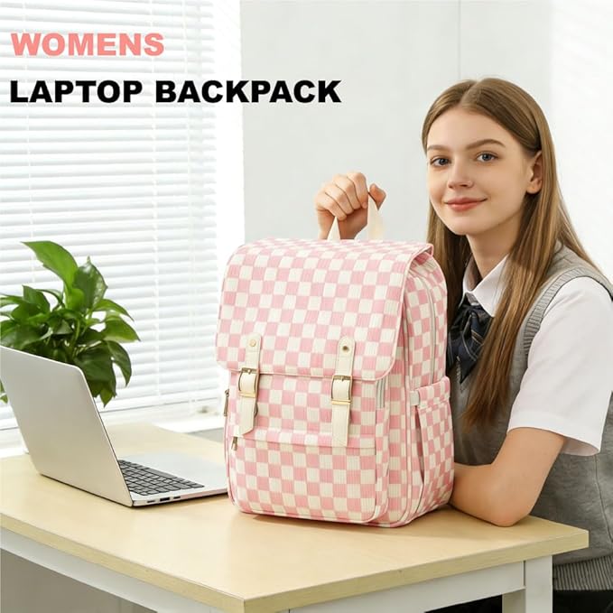 Women Laptop Backpack, Corduroy 15.6" Travel Backpack for Work College Business, Teacher Nurse Bag with Large Capacity School Bookbag Bags for Girls - Checkered Pink