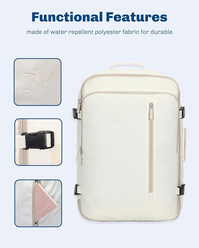 Hynes Eagle Carry on Backpack 38L Large Travel Backpack for Women Flight Approved Weekender Bag Laptop Backpack Men 15 inches Beige