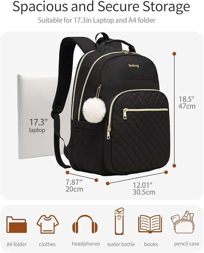 17.3in Laptop Backpack with Charging Hole for Women Girls, Water Resistant Quilted Book Bag for Travel Work Teacher School Students, Black