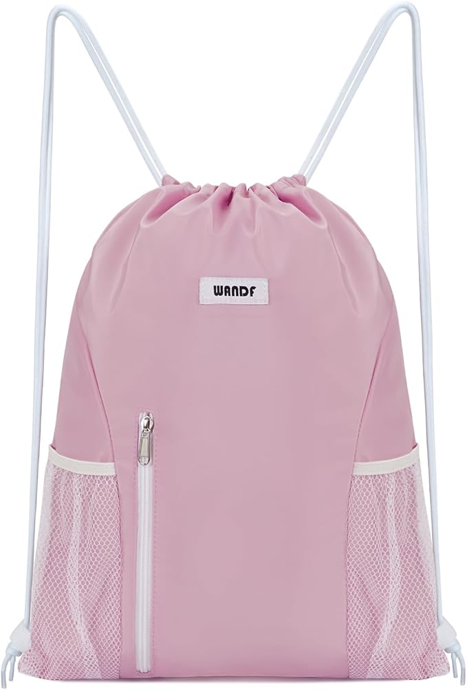 WANDF Drawstring Backpack Sports Gym Sackpack with Mesh Pockets Water Resistant String Bag for Women Men(Pink)