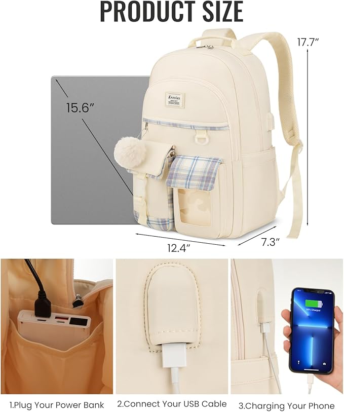 School Backpack for Teen Girls, Cute Kawaii Plaid Bookbag College Backpacks for Women 15.6 Inch Laptop Bag for Kindergarten Elementary Preschool Middle High School Students, Beige