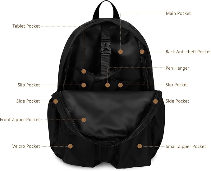 Women's Water-resistant Daypack Backpack, 15.6 Inch Laptop Compartment & Anti-Theft Pocket, Adjustable Padded Straps for Commuting, Travel, Work, College, Black