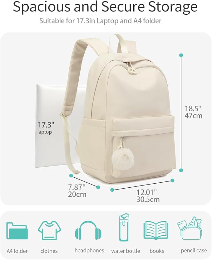 Teen Girls Backpack, 17.3in Laptop Backpack Women Cute Bookbag for Elementary Middle High School Lightweight Travel Bag, Beige