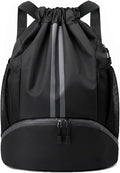Drawstring Backpack Gym Bag with Shoes Compartment for Soccer, Basketball, Swim, Water-Resistant String Backpack Beach Cinch for Women Men, Black, Medium