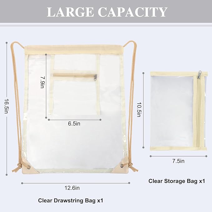 Clear Drawstring Bags, Transparent Storage Backpack for Stadium Approved,2 pieces, Concert Baseball Festival Beach Makeup Bag(1, Cream)