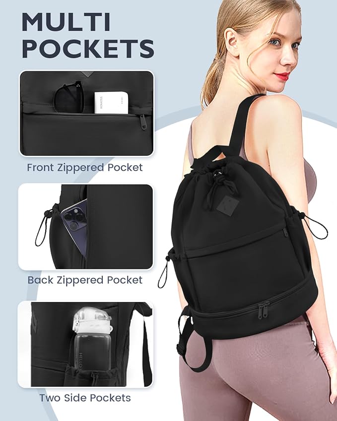 Drawstring Backpack Sports Gym Bag with Shoe Compartment and Wet Pocket String Swim Bag for Women Men Beach Backpack, Black