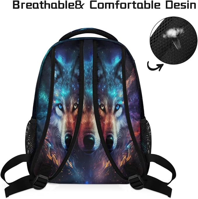 Pardick Animal Wolf Galaxy Backpack for Kids Girls Boys Lightweight School College Students 18in Bookbag Large Capacity Computer Backpacks Laptop Rucksack Travel Gym Hiking Camping Daypack