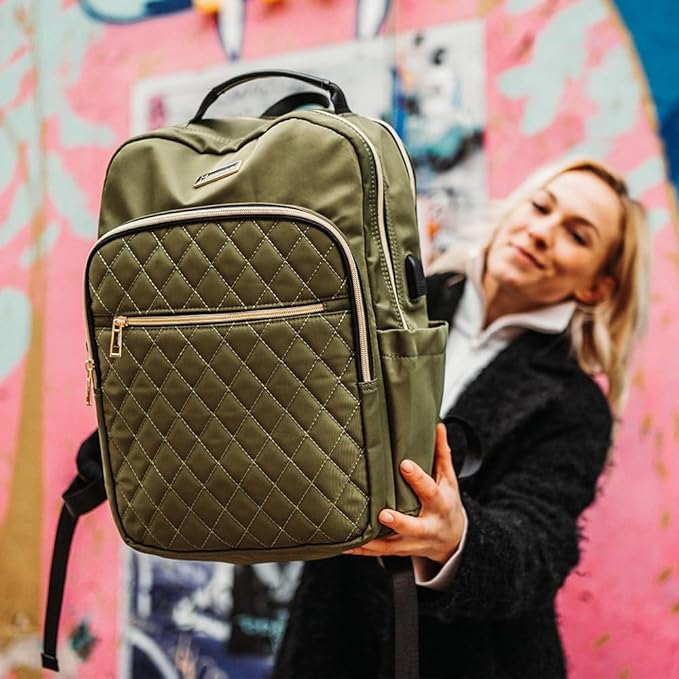 Modoker Eco-Friendly 15.6 Inch Women's Laptop Backpack, Quilted Work and Travel Backpack with USB Charging Port, Green