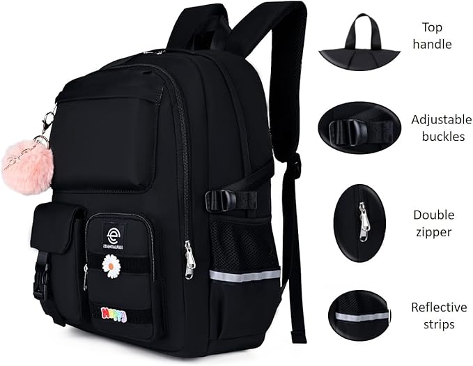 School Backpack for Girls & Women, Bookbag for Middle School & College, Large Travel Daypack for Laptop (Black)
