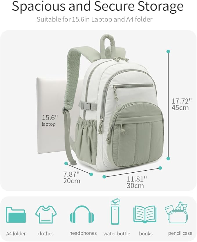 Backpack for Women, Quilted Laptop Bookbag with Pouch Pockets for College Work Travel Gym Teacher Nurses, Puffer High School Backpack for Girls, Beige Green