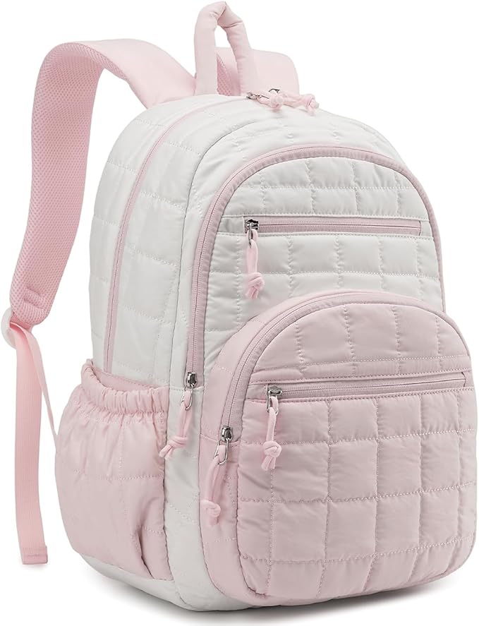Bookbag for Women, Teen Girls Backpack for High School College Student, Puffer Quilted Back Pack Cute Laptop Backpack for Work Travel Mom Casual Daypack, Beige Pink