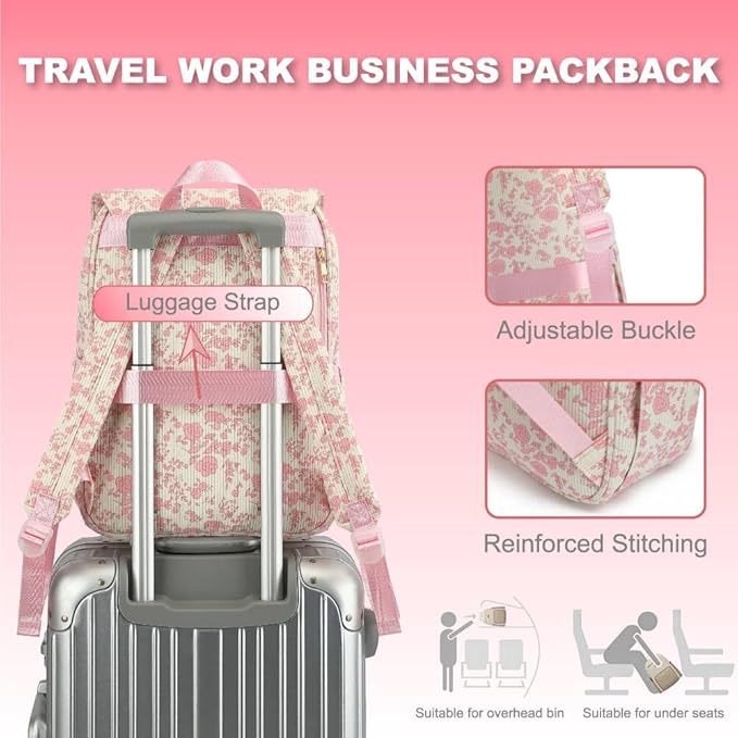 Women Laptop Backpack, Corduroy 15.6" Travel Backpack for Work College Business, Teacher Nurse Bag with Large Capacity School Bookbag Bags for Girls - Flowers Pink