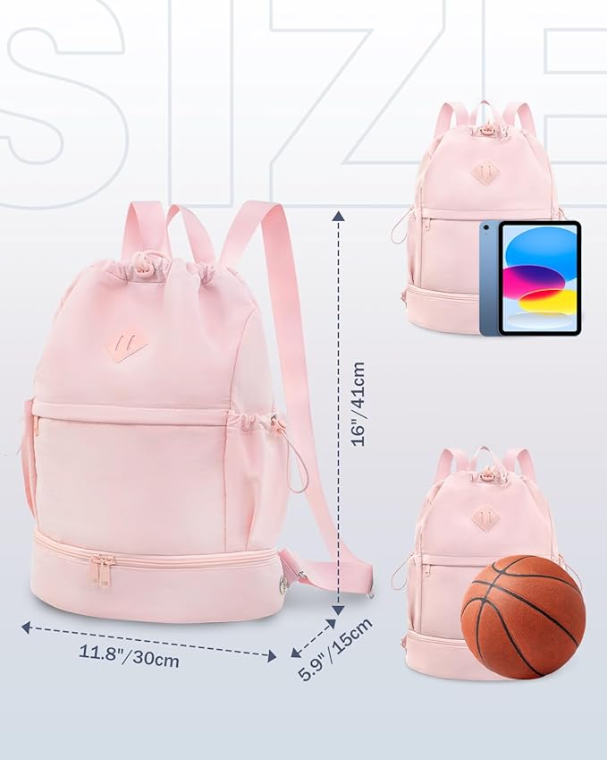 Drawstring Backpack Sports Gym Bag with Shoe Compartment and Wet Pocket String Swim Bag for Women Men Beach Backpack, Pink