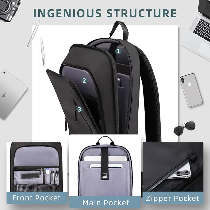 hk Backpack for Men Business Slim Backpack with USB Charger Computer Lightweight Anti-theft Travel Backpacks 15.6 inch Water Resistant Laptop Bag for Work Office College-Black