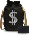 Canvas Drawstring Backpack with Coin pouch, Large Money Dollar Sign Bucket Rucksack, Lightweight Sport Bags (Deep Black)