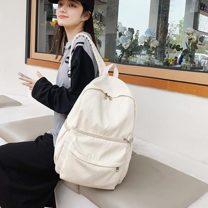 Aesthetic Backpack Cute Backpack Corduroy Backpack School Supplies Laptop Bag for Teens Girls Women Students Solid Color(White)
