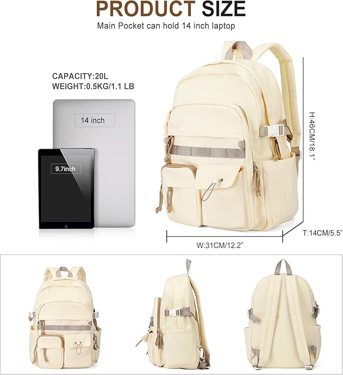 weradar Cute Backpack For School Teens Girls,Aesthetic Bookbag,Waterproof College Backpack For Women,Middle School Bag Casual Daypacks Travel Back pack With Lots of Pockets(Beige)