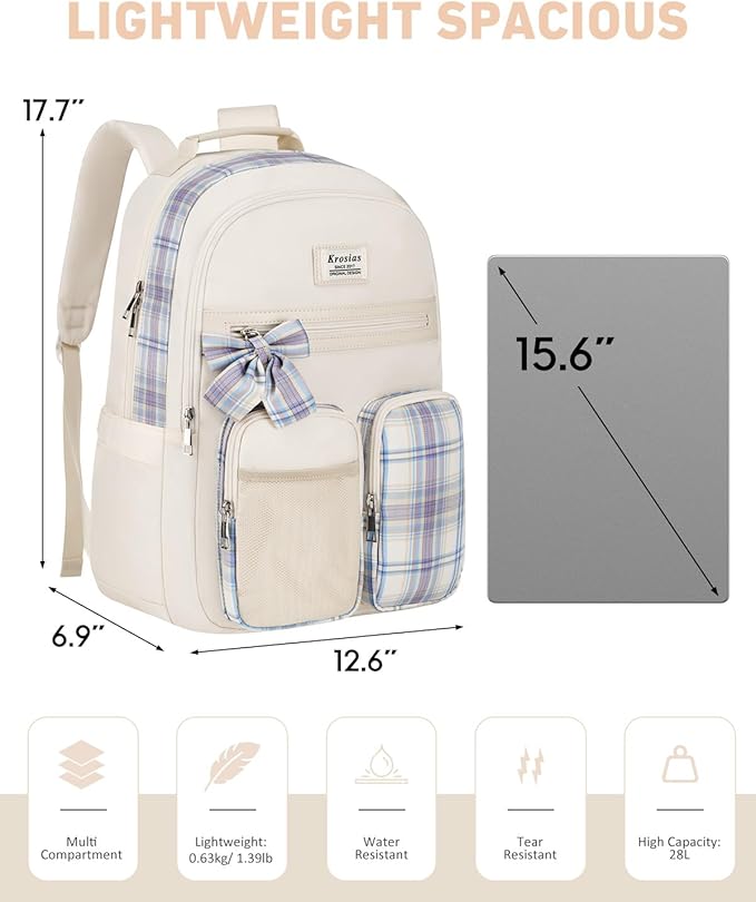 School Backpack for Girls, Cute Kawaii Plaid Kids Bookbag Large 15.6 Inch Laptop Bag for Middle High School College Backpacks for Women Students Teenager, Beige
