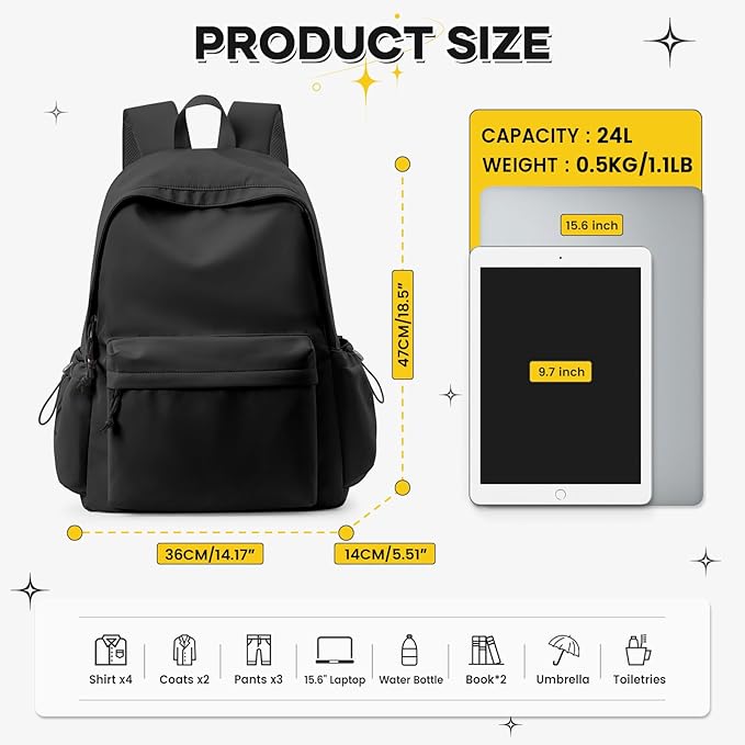 Classic Large Black Backpack For Women,Waterproof High School Bookbag,Lightweight Casual Travel Daypack,College Backpack Men,Middle School Bag For Girls Boys