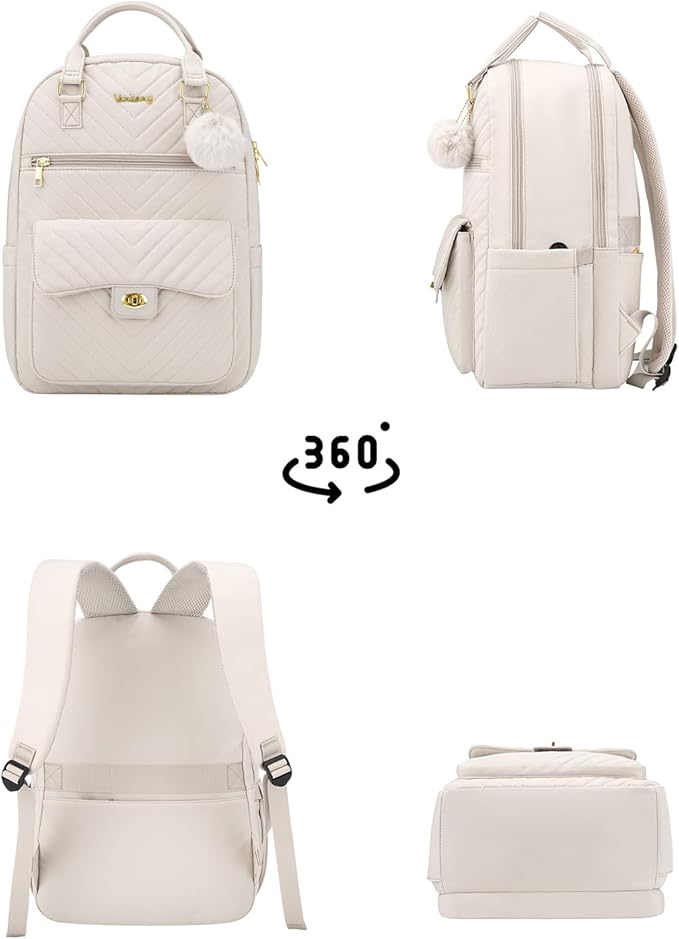 Aesthetic Bookbag for School Girls, Laptop Backpack with Charging Hole for College Women Teens Casual Daypack, Beige
