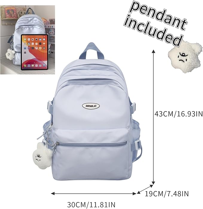 Kawaii Backpack with Cute Accessories Casual Aesthetic Daypack Simple Laptop Bag Waterproof Travel Rucksack for Women (blue)