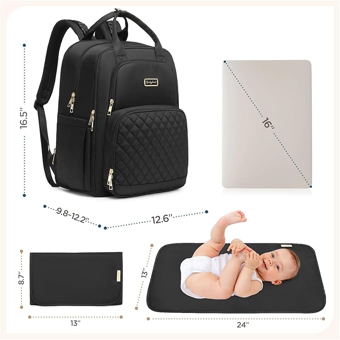 Diaper Bag Backpack - Extra Large Diaper Bag for 2 Kids Twins (Expandable 30-38L) - Travel Baby Backpack with Changing Pad for Mom Dad (Quilted, Water Resistant, Black)