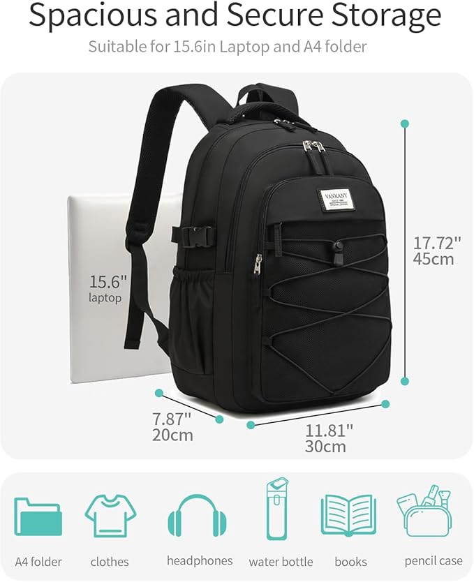 Black Backpack for Teens, Girls School Bookbag Aesthetic 15.6in Laptop Backpack for Commuter Women Students Middle High School, Black