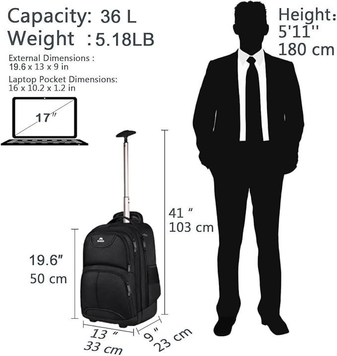 MATEIN Rolling Backpack, 17 inch Water Resistant Wheeled Laptop Backpack, Carry on Luggage Business Bag, Overnight College Computer Bag Trolley Suitcase for Men Women Adults to Travel, Black