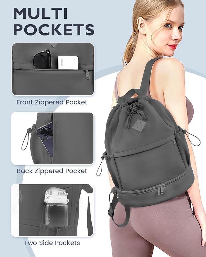 Drawstring Backpack Sports Gym Bag with Shoe Compartment and Wet Pocket String Swim Bag for Women Men Beach Backpack, Dark Gray