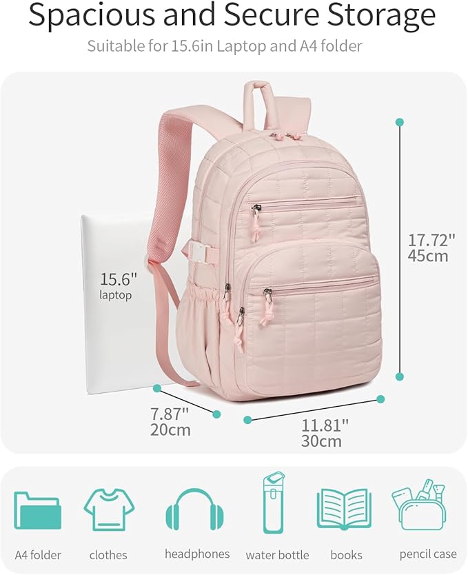 Cute Laptop Backpack for Women, Quilted College Bookbag with Tumbler Holder Pocket for Nurse Teacher Work Travel, Puffer School Backpack for Teen Girls Big Student, Pink