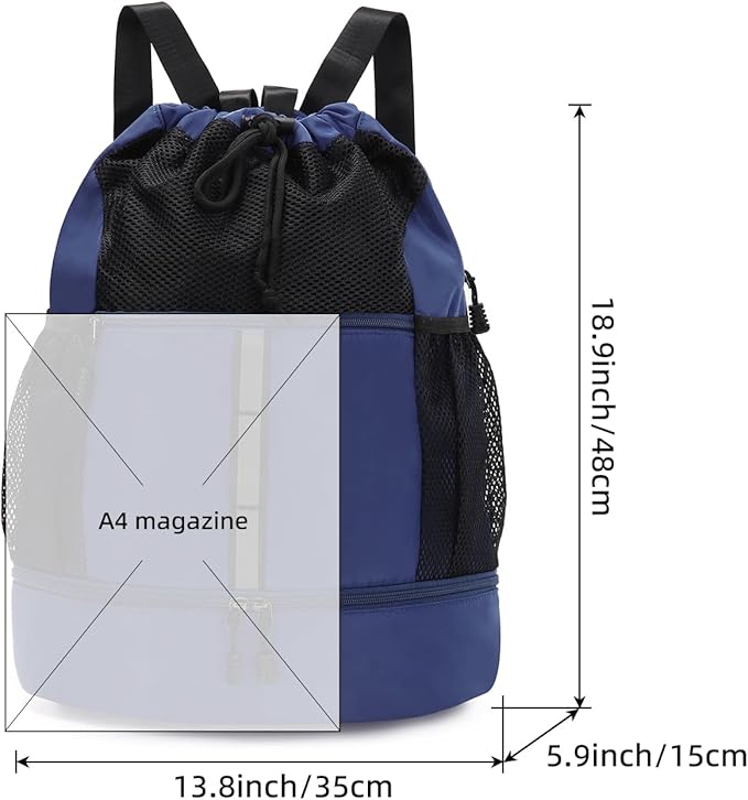 Valleycomfy Drawstring Gym Bag Sports Backpack With Shoe Compartment and Reflective Strips Dark Blue