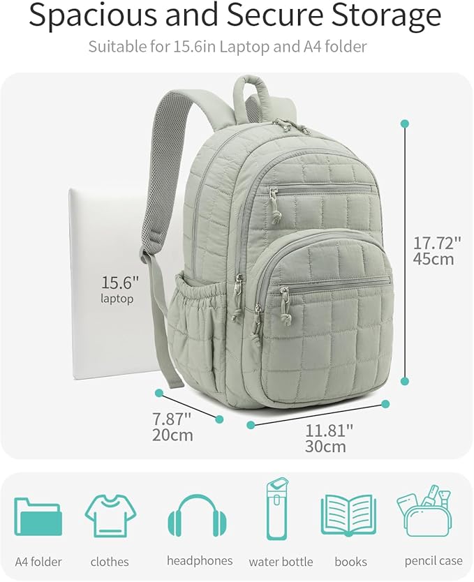Bookbag for Women, Teen Girls Backpack for High School College Student, Puffer Quilted Back Pack Cute Laptop Backpack for Work Travel Mom Casual Daypack, Green