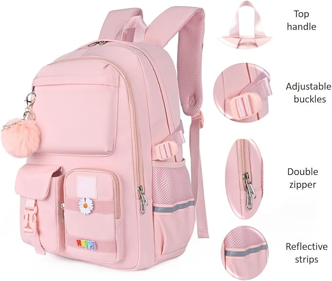 School Backpack for Girls & Women, Bookbag for Middle School & College, Large Travel Daypack for Laptop (Pink)