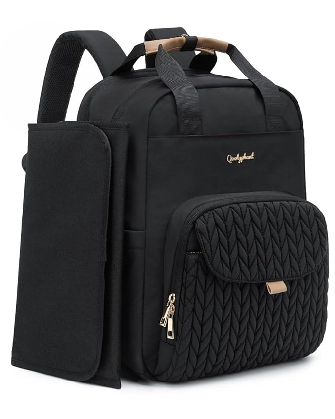 Extra Large Diaper Bag Backpack for Two Kids Twins - Expandable (26-36L) Baby Bag for Mom Girls Boys, Dual Big Compartments - Includes Changing Pad & Stroller Straps, Black, Quilted