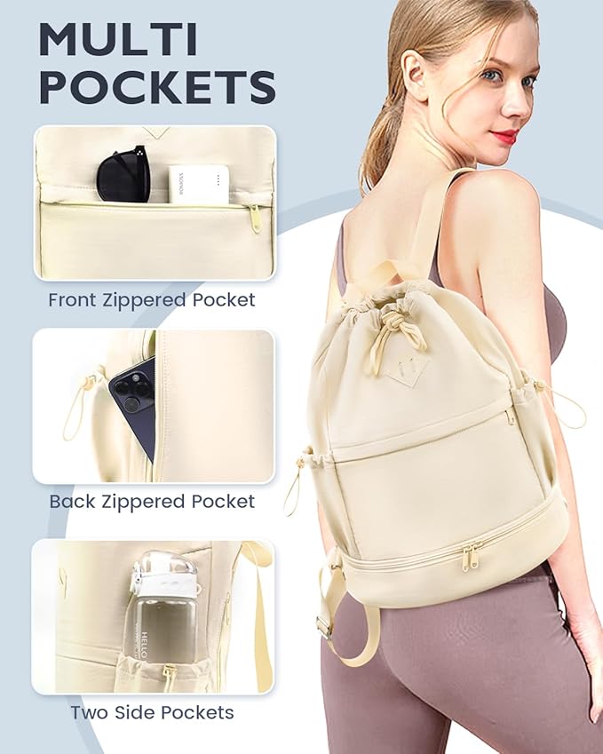 Drawstring Backpack Sports Gym Bag with Shoe Compartment and Wet Pocket String Swim Bag for Women Men Beach Backpack, Beige