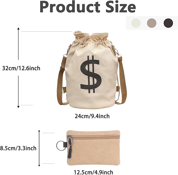 Canvas Drawstring Backpack with Coin pouch, Large Money Dollar Sign Bucket Rucksack, Lightweight Sport Bags (Deep Black)