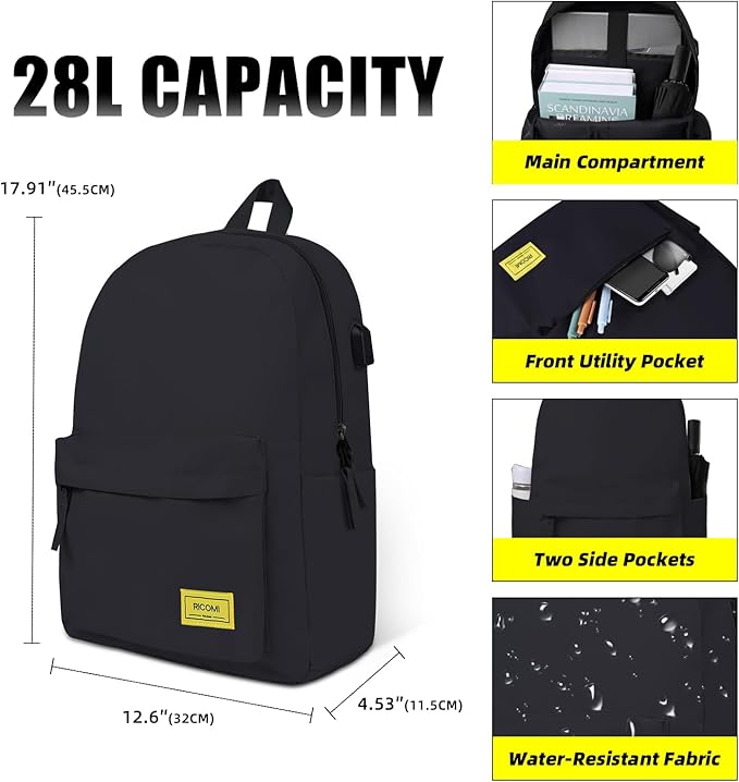 Premium Lightweight Laptop Backpack with USB Charging Port, Durable College School Bookbag, 2 Built-in Organizers, Padded 15.6-inch Laptop/Notebook Sleeve, Slim Water Resistant Bag, Black