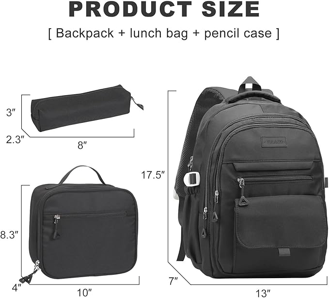Phaoullzon Teen Girls School Backpack with Lunch Box for Boys, College Aesthetic Laptop Bookbag for Women,Black